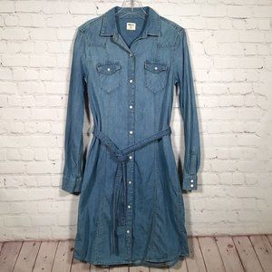 Gap Western Denim Shirt Dress Womans XS Long Sleeve Pearl Snap Front Belted